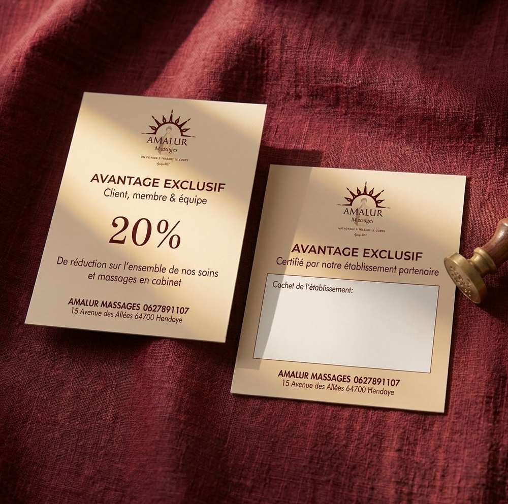 Carte d'invitation Avantage Exclusif : 20 % de réduction sur les massages Amalur